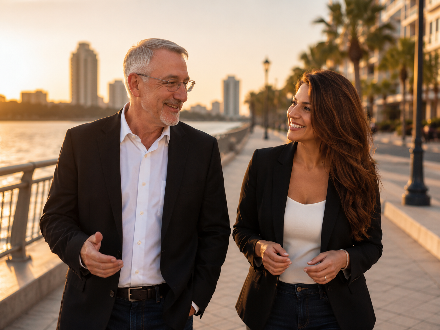 Rusty Gardner and Paula Rúa walking together by the waterfront